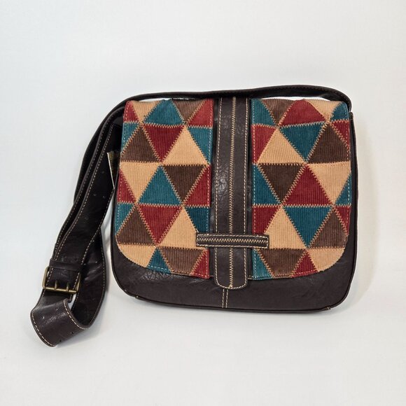 Stamp 10 Corduroy & Faux Leather Patchwork Lacy Crossbody Bag Fall Boho Gift NEW - Picture 2 of 12